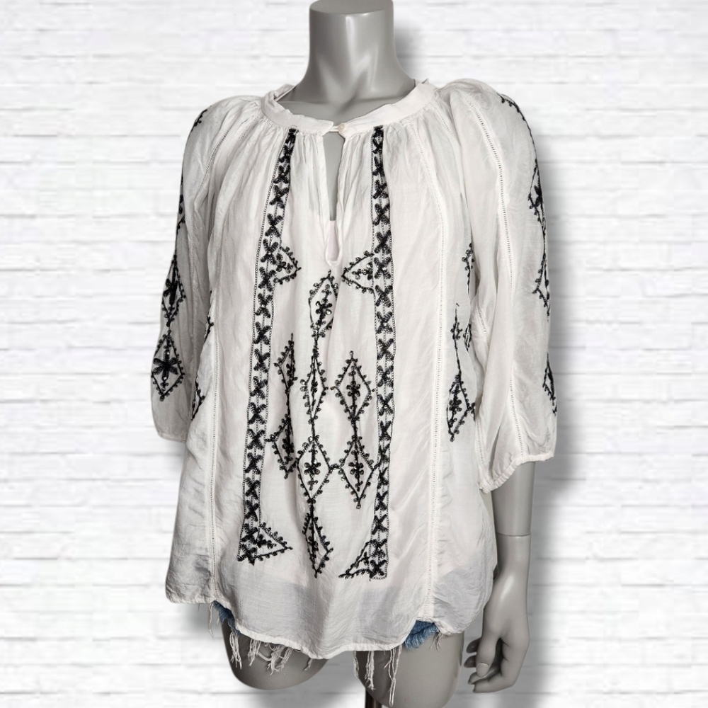 Melissa Odabash "Aliya" Black Embroidered White Tunic Shirt O/S
